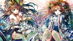Flowers Tigers long hair ecchi cleavage Japanese clothes thigh 