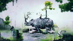 Flowers Trees Animals Swans rhinoceros fantasy art 