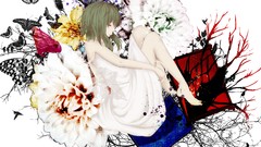 Flowers Trees Butterflies branches dress barefoot anime girls 