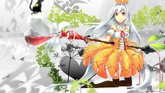 Flowers Trees cats weapons Anime dress white hair stockings 