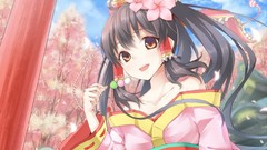 Flowers Trees clouds food Anime bows smiling long hair brown 