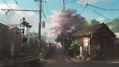 Flowers Trees clouds Japan Anime roads anime girls cityscapes 