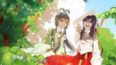 Flowers Trees dress sitting buildings shadows smiling long hair 