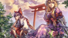 Flowers Trees grass clouds dress hats Ribbons sitting bows 