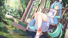 Flowers Trees grass sleeping dress waterfalls houses blue hair 