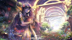 Flowers Trees grass text dress Jewelry bushes long hair anime 