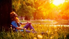 Flowers Trees grass yellow sun light woman brunettes looking up