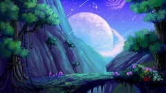 Flowers Trees moon spirals vines night sky artwork fantasy art