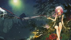 Flowers Trees night Stars moon Plants dress red eyes sitting 