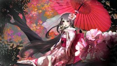 Flowers Trees Plants Umbrellas kimono veil blush long hair gray 