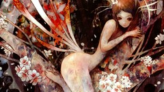 Flowers Trees red eyes Lamps long hair anime girls brunettes 