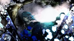 Flowers Trees roses tears dress blue hair anime girls blue eyes 