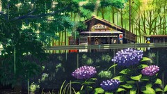 Flowers Trees water rain Umbrellas hats short hair black hair 