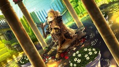 Flowers Trees water roses Plants dress columns Ribbons sitting 