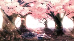 Flowers Trees water sakura skirts anime girls flower petals 