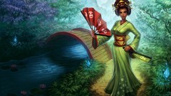 Flowers Trees water woman Garden Bridges kimono Karma fans 