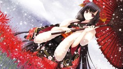 Flowers Umbrellas anime girls brown eyes brunettes short hair 