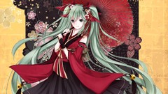 Flowers Umbrellas Bells skirts long hair anime girls green eyes 