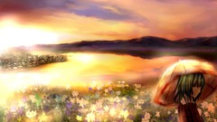 Flowers Umbrellas fields anime girls short hair green hair 