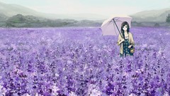 Flowers Umbrellas fields long hair anime girls brown eyes 