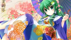Flowers Umbrellas kimono anime girls green eyes kochiya sanae 