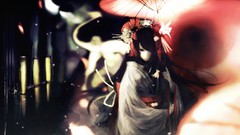 Flowers Umbrellas kimono long hair bangs black hair black eyes 