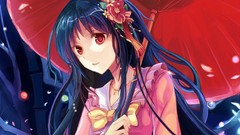 Flowers Umbrellas Princess red eyes faces bows blue hair long 