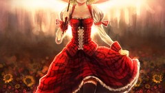 Flowers Umbrellas red eyes anime girls short hair green hair 