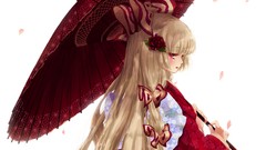 Flowers Umbrellas red eyes blondes anime girls flower petals 