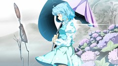 Flowers Umbrellas red eyes blue hair anime girls short hair 