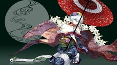 Flowers Umbrellas socks white hair red eyes kimono reflections 