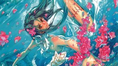 Flowers underwater red eyes smiling anime girls original 