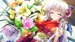 Flowers vase white hair kimono smiling closed eyes Japanese 