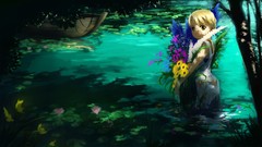 Flowers water Anime blondes anime girls short hair yellow eyes