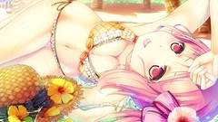Flowers water Anime navel wet blush pink hair pink eyes anime 