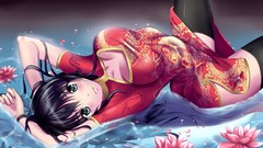 Flowers water Anime stockings blush long hair anime girls black 