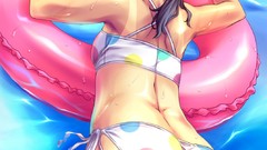 Flowers water ass wet anime girls purple hair purple eyes 