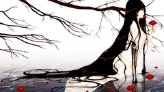 Flowers water branches wet long hair anime girls brown eyes 