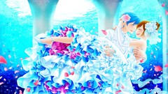 Flowers water brown gloves blue hair anime girls closed eyes 