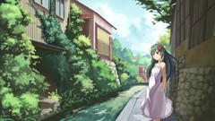 Flowers water clouds Anime dress houses bushes long hair anime 