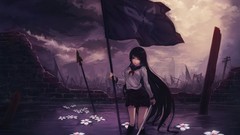 Flowers water clouds dark weapons Katana ruins Flags Swords 