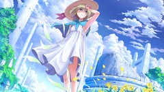 Flowers water clouds dress hats blondes anime girls blue eyes 
