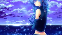 Flowers water clouds ocean Anime blue hair long hair anime 
