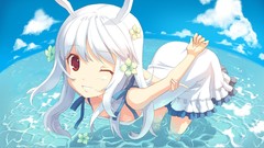 Flowers water clouds sky Anime dress white hair red eyes wink