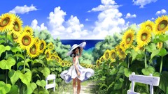 Flowers water clouds summer Sunflowers dress hats brunettes