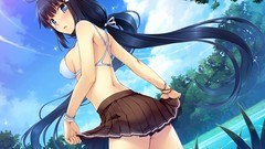 Flowers water clouds wet long hair anime girls blue eyes bra 