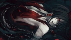 Flowers water dark dress red eyes red dress bows long hair 