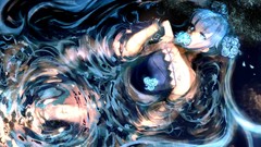 Flowers water dark roses dress reflections blue hair long hair 