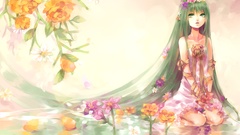 Flowers water dress Ribbons sitting reflections long hair green 