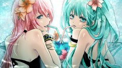 Flowers water drinks drawings pink hair anime girls hatsune 